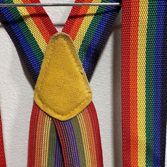 Vintage 80s Rainbow Suspenders 110 Leather Back Metal Clips Pridecore Punk Retro - Picture 7 of 8
